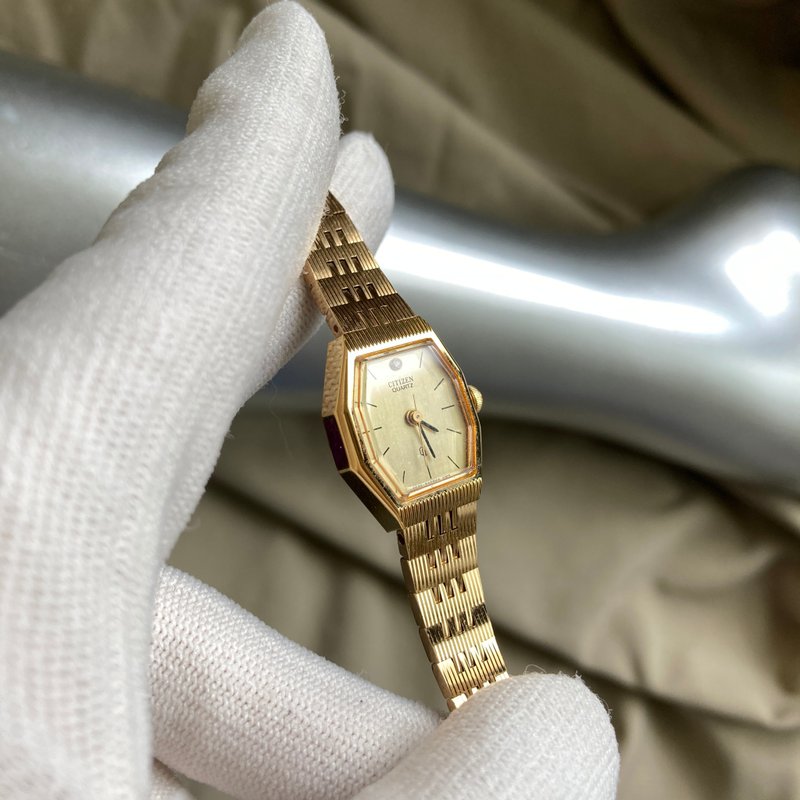 CITIZEN 金八角錶殼 水鑽時標 早期特製立體鏡面與錶帶 古董錶 - 女錶 - 其他金屬 金色