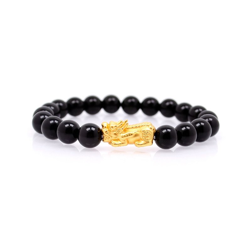 Black Obsidian Gold Pixu Carvings Single Eye Obsidian Bracelet Japanese Elastic - Bracelets - Semi-Precious Stones Multicolor