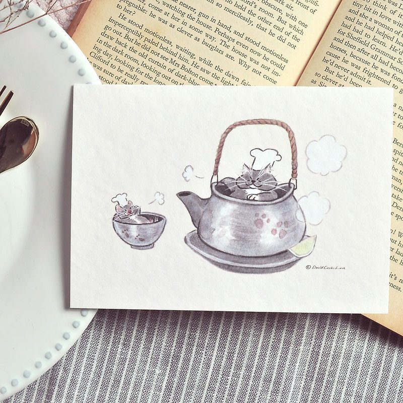 Hand drawn illustration cat postcard-warm pot steaming - การ์ด/โปสการ์ด - กระดาษ สีกากี