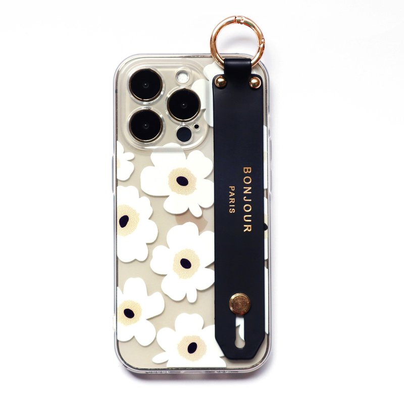 iPhone16/15/14/13/12 Transparent Milky White Poppy Flower Hand Strap Phone Case - Phone Cases - Plastic White