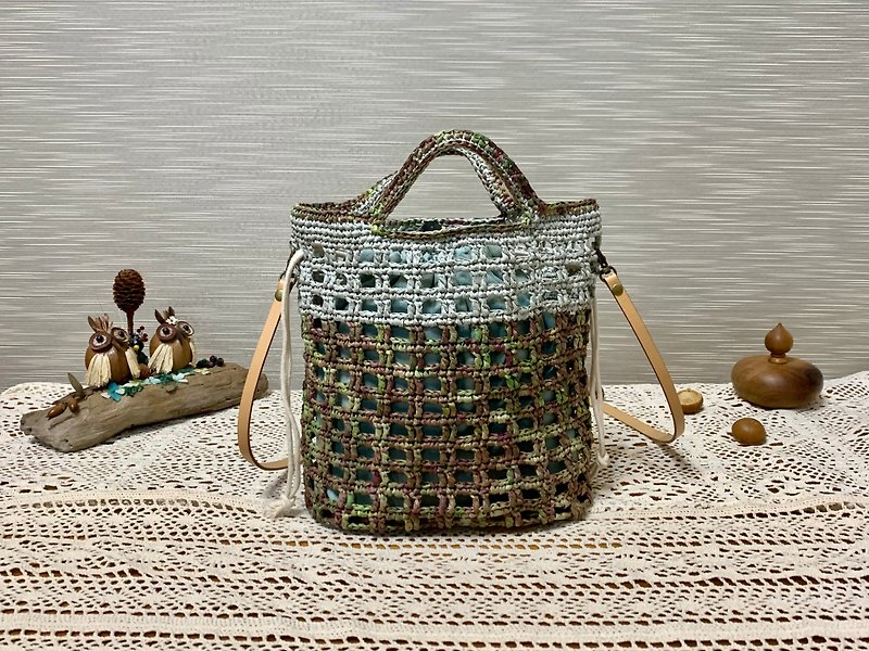 An empty, lightweight handmade bag. Genuine leather base + checkered. Portable + crossbody. Section dye green + bean green - Messenger Bags & Sling Bags - Paper 