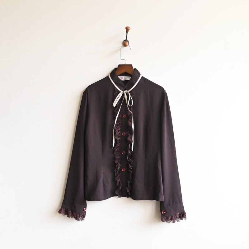 [Egg Plant Vintage] Rite Country Lace Long Sleeve Vintage Shirt - Women's Shirts - Other Man-Made Fibers Brown