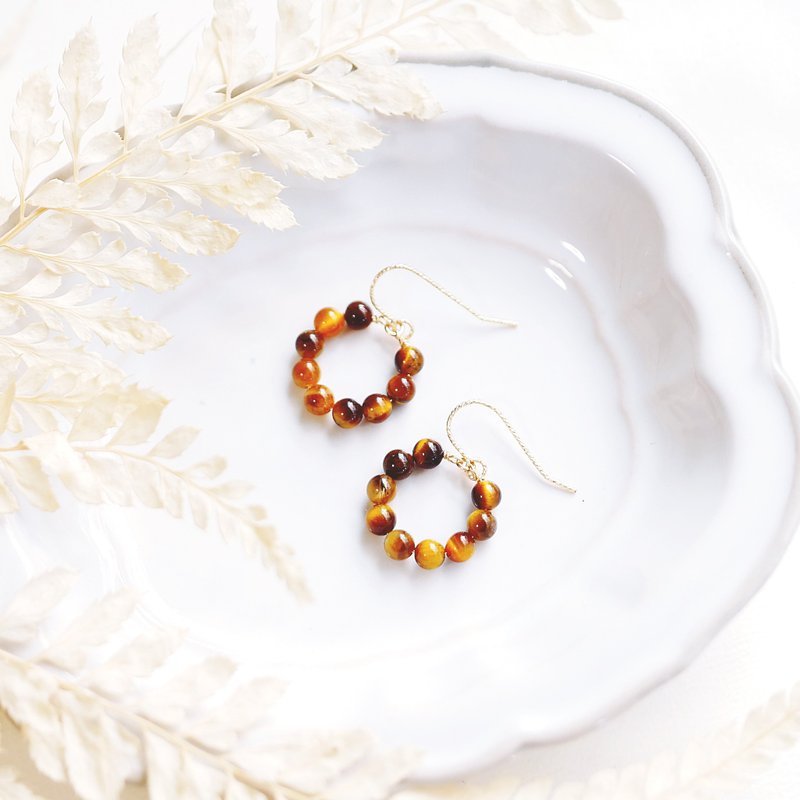 鬆獅吼吼 可愛虎眼石耳環水晶 - 耳環/耳夾/耳骨夾 - 水晶 咖啡色