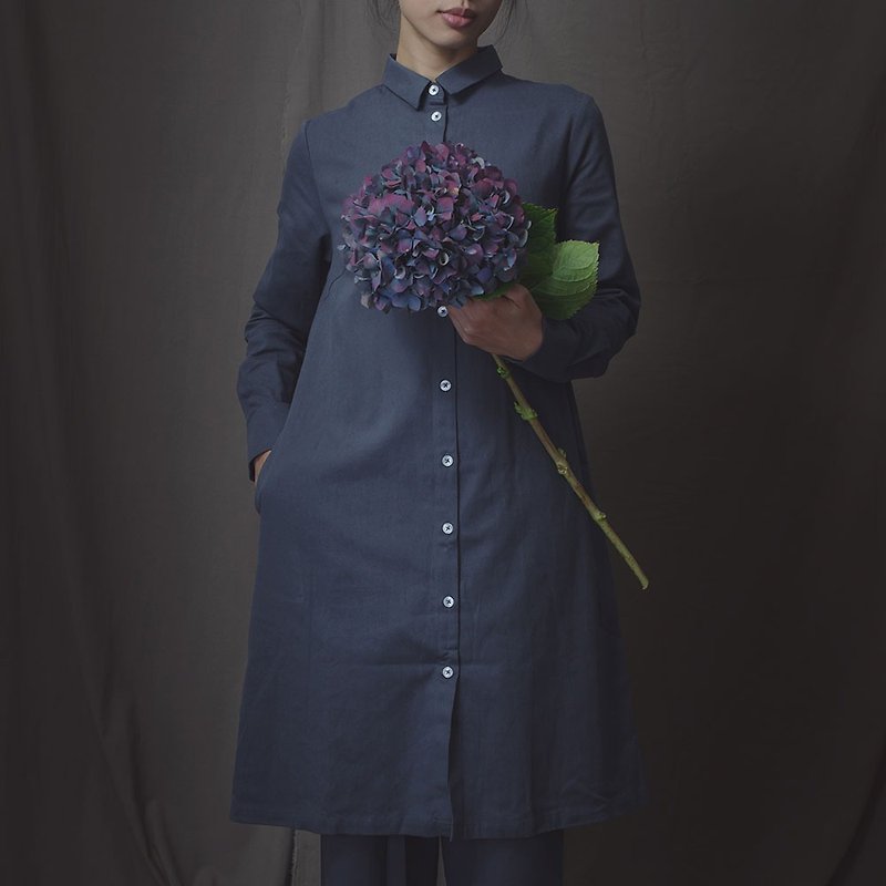 Long Sleeves Tunic/Multi-color/Grey Blue - เสื้อเชิ้ตผู้หญิง - ผ้าฝ้าย/ผ้าลินิน สีน้ำเงิน