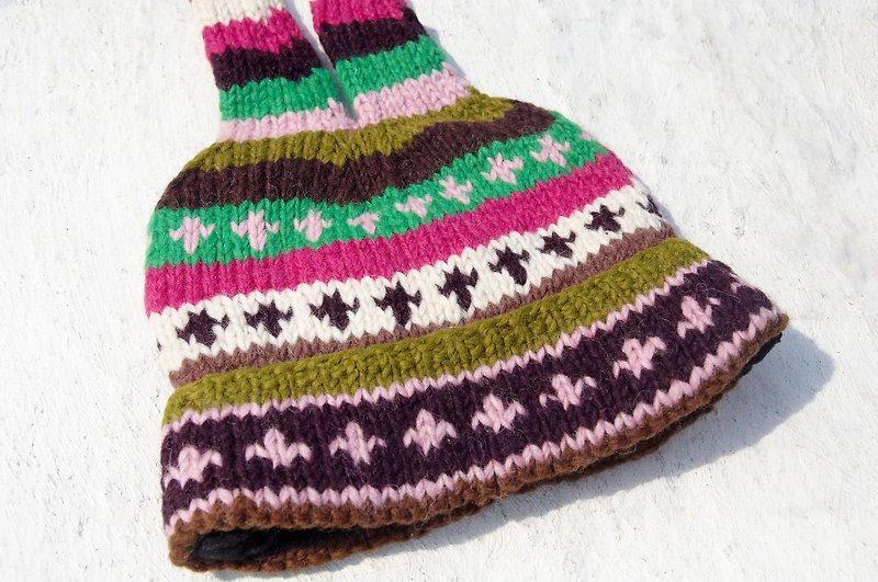 Christmas hand-knitted pure wool hat / handmade inner brushed wool hat / knitted wool hat / elf wool hat / woolen hat-Eastern European bright colors (handmade limited edition) - หมวก - ขนแกะ หลากหลายสี