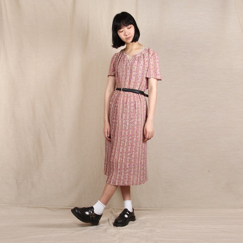 [Eggs] vintage cherry printing plant millet short-sleeved vintage dress - One Piece Dresses - Polyester Khaki