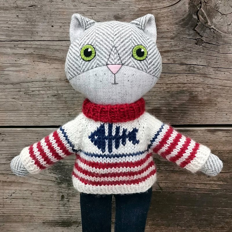 Gray cat boy, handmade wool plush doll, stuffed kitten toy - 嬰幼兒玩具/毛公仔 - 羊毛 多色