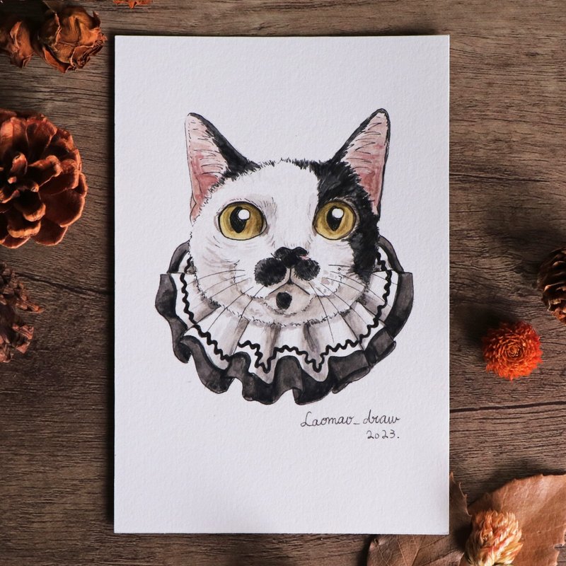 Watercolor illustration original cat head portrait 4X6 6 inches 2007 Cow cat and ruff collar - Posters - Paper 