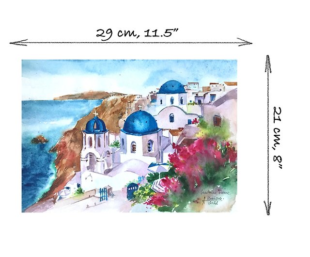 サントリーニ島の絵画の水彩画のギリシャのオリジナル アート by