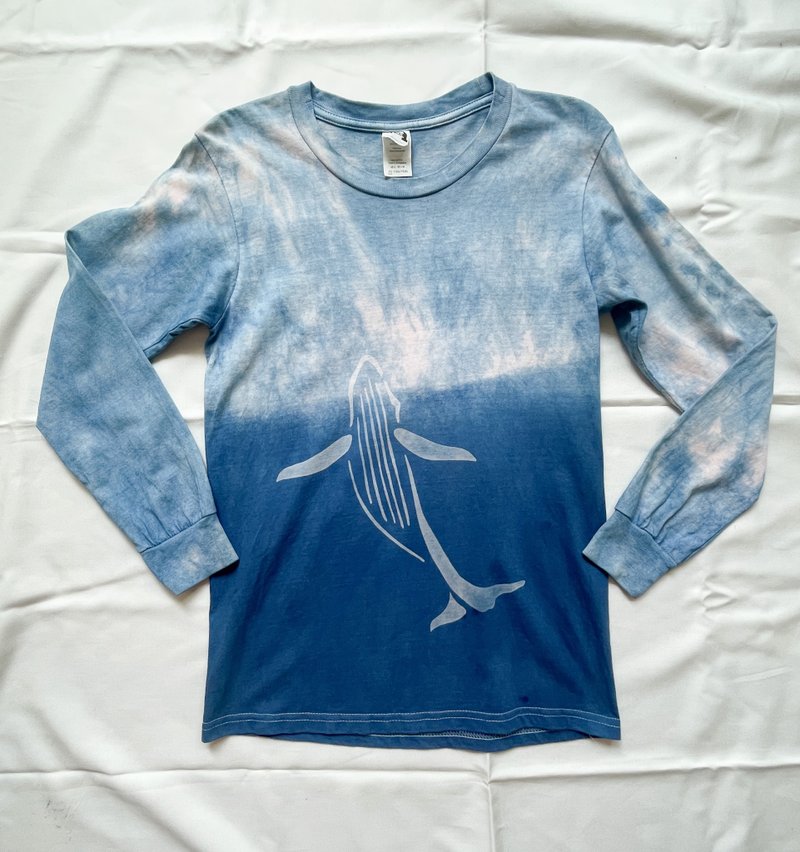 日本製 手染め 鯨　Whale Long Sleeve Crew TEE Indigo dyed 藍染 泥染　shibori - 帽T/大學T - 棉．麻 藍色