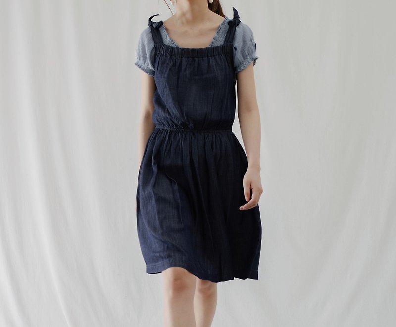 法式少女 氣質小眾設計款天絲牛仔洋裝 - 洋裝/連身裙 - 其他材質 藍色