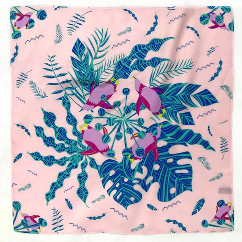 海豚鳥 birphin Silk Scarf 企鵝花式游泳隊 手繪絲巾 | 櫻・琉璃色