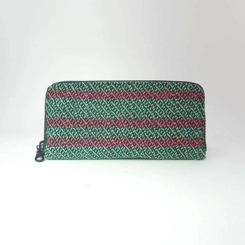 Hand-woven long clip 02- Teal strips x Peach - กระเป๋าสตางค์ - ผ้าฝ้าย/ผ้าลินิน สีเขียว