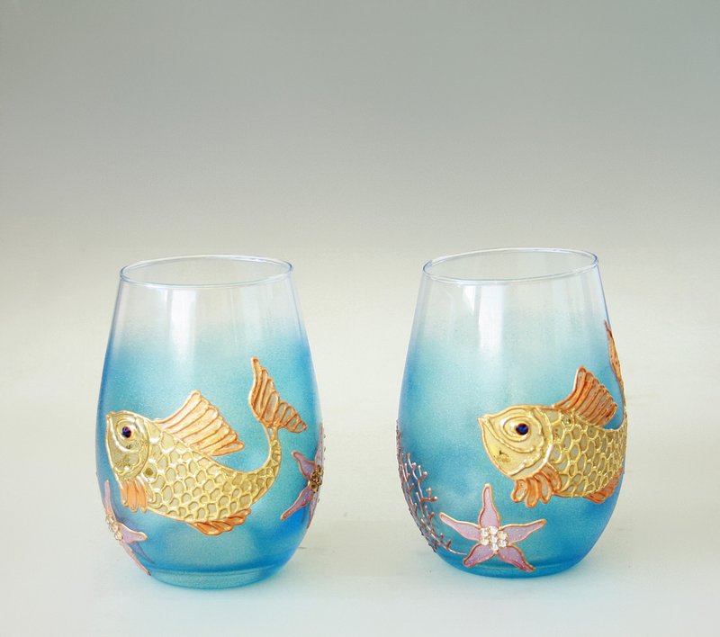 GoldFish Glasses Hand-painted Set of 2 - 酒杯/酒器 - 玻璃 金色