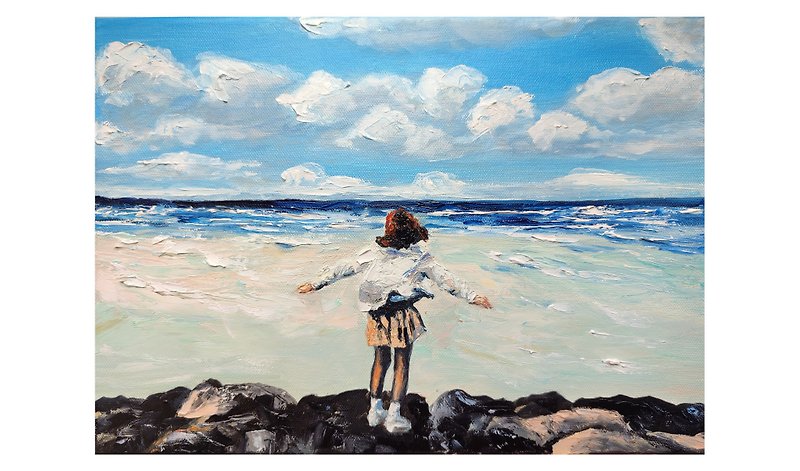 原畫 海灘上的女孩 掛畫 海景畫 家居裝飾畫 - 牆貼/牆身裝飾 - 其他材質 藍色