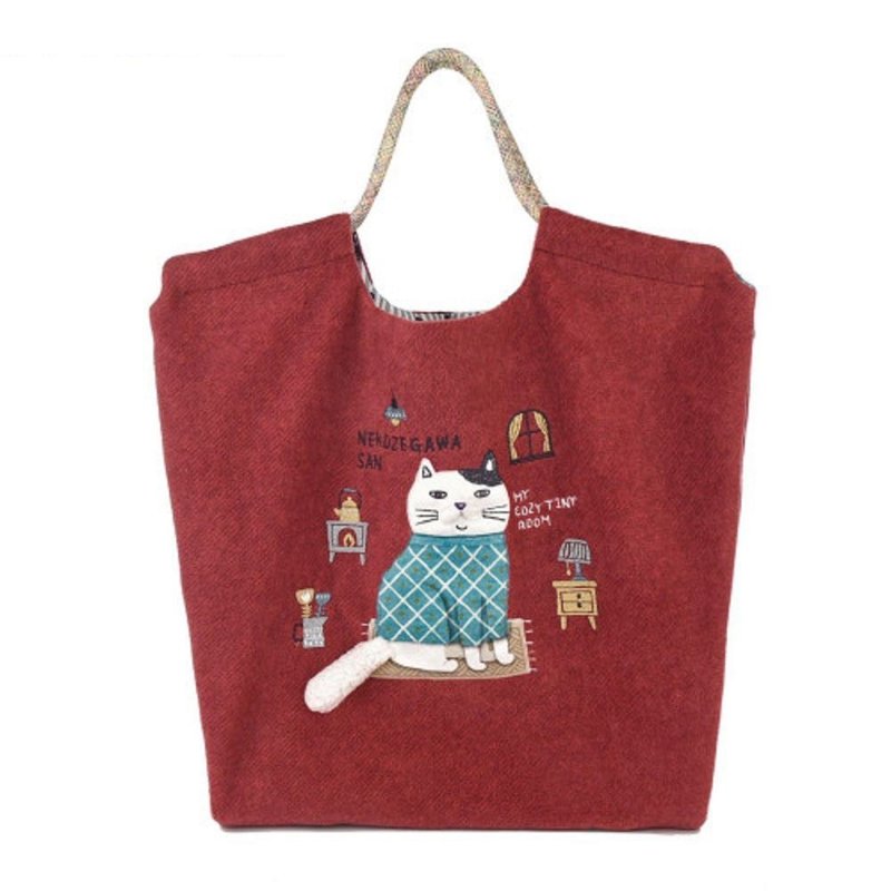 Kusuguru Japan ジャカードロープハンドル フェルト調トートショルダー巾着バッグ 3WAY - レッド - トートバッグ・ハンドバッグ - ポリエステル レッド