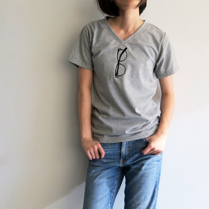 メガネ刺繍 Tシャツ - グレー - トップス ユニセックス - コットン・麻 グレー
