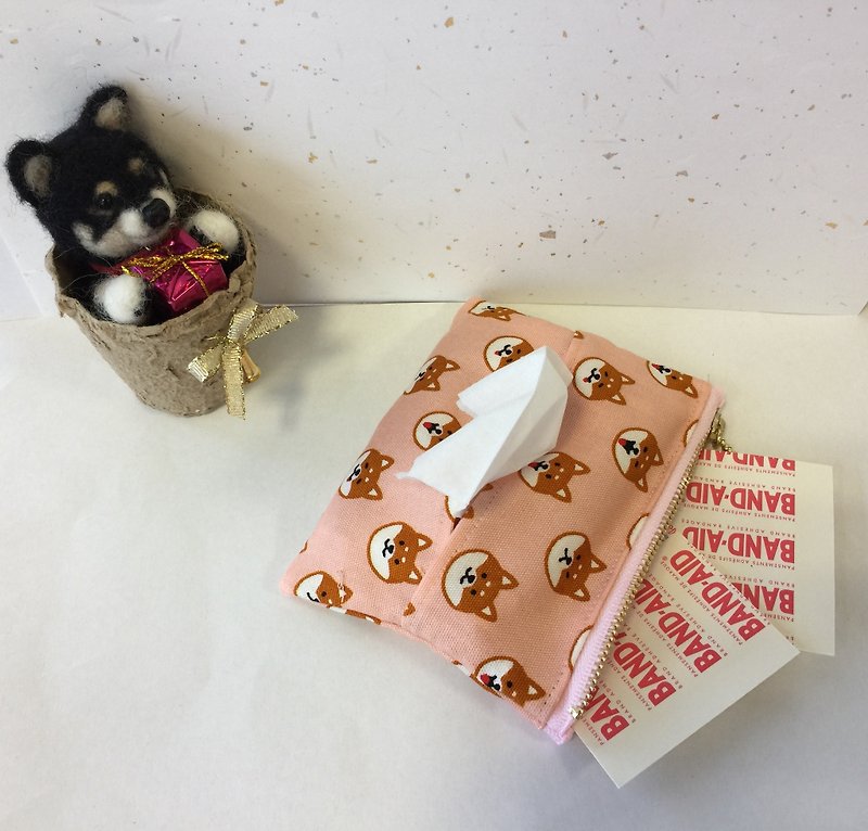 柴犬柄 ポケット付きティッシュケース ピンク - 化妝袋/收納袋 - 棉．麻 多色