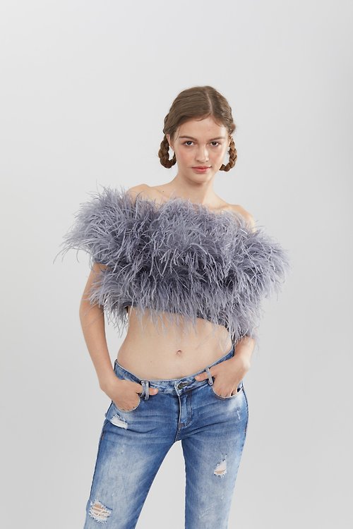 sginstar Zara grey off the shoulder feather top for women Prom dress for women