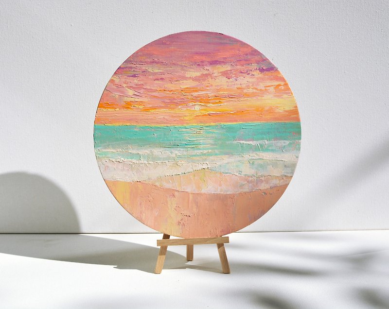 オリジナルの油絵 海の絵 海辺の絵 海の風景画 海 24x24cm - イラスト/絵画/カリグラフィー - その他の素材 ピンク