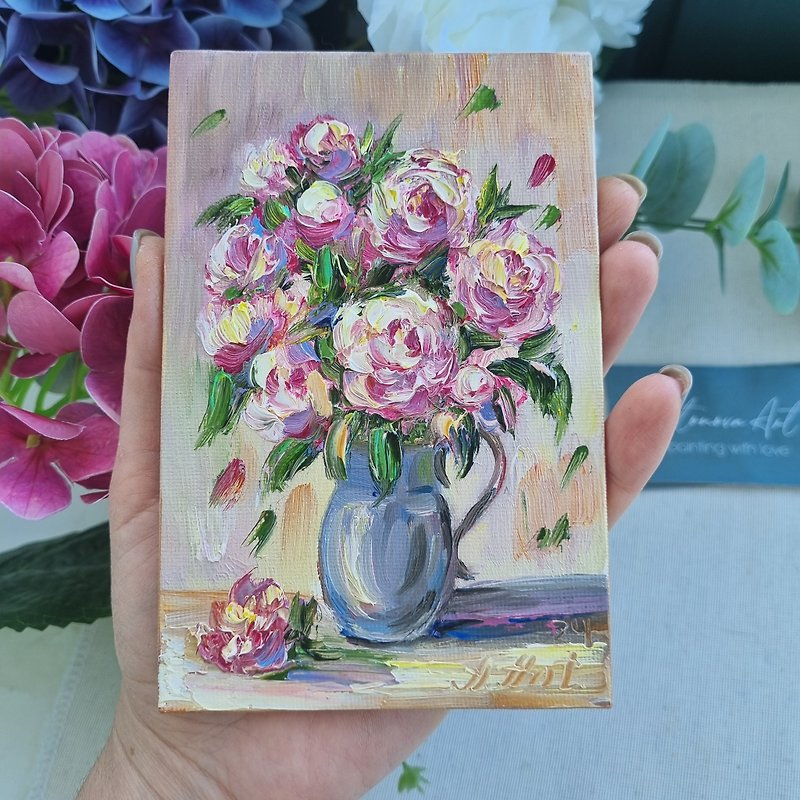 Peony oil painting Flower artwork still life floral art - Wall Décor - Cotton & Hemp Pink