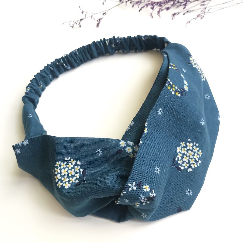 Wen Qing Small Wreath Cross Hair Band - Navy - Headbands - Cotton & Hemp Blue
