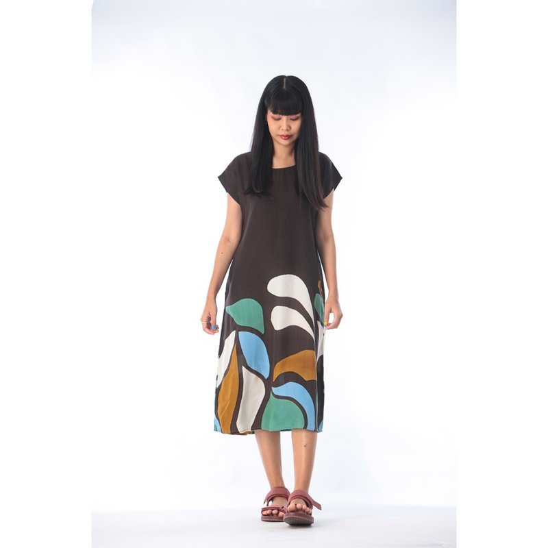 Long Dress Cotton Rayon Hand Paint - 洋裝/連身裙 - 棉．麻 黑色