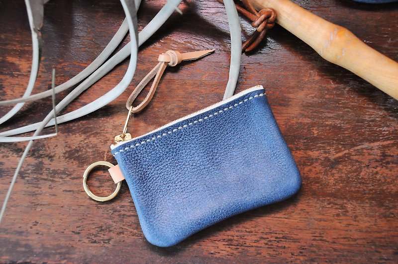 [Classic zipper purse - rub the wax Blue | WAXED DENIM] good material sewn leather bag free lettering couple hand-bag gift purse scattered paper bag simple and practical Italian leather vegetable tanned leather Soft leather cowhide leather DIY companion - Coin Purses - Genuine Leather Blue