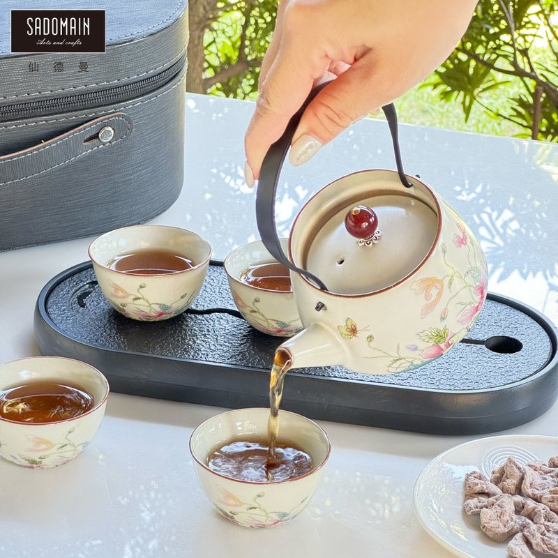 SADOMAIN-Die Lian flower teapot travel set 7-piece set-with storage box - ถ้วย - เครื่องลายคราม สีเขียว