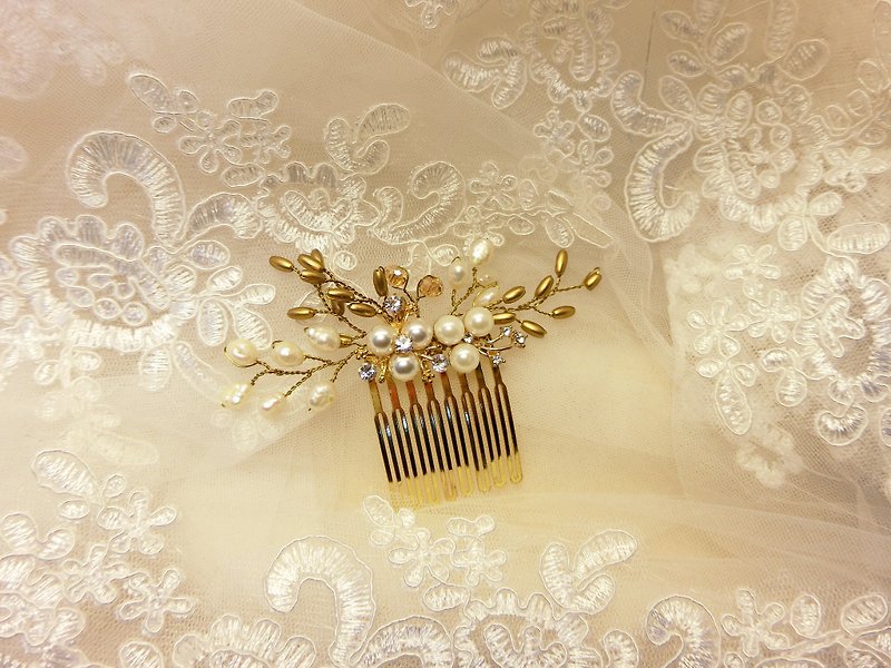Wearing the happiness of the golden paddy series - the bride comb French comb. Wedding buffet - eternal - เครื่องประดับผม - โลหะ สีทอง