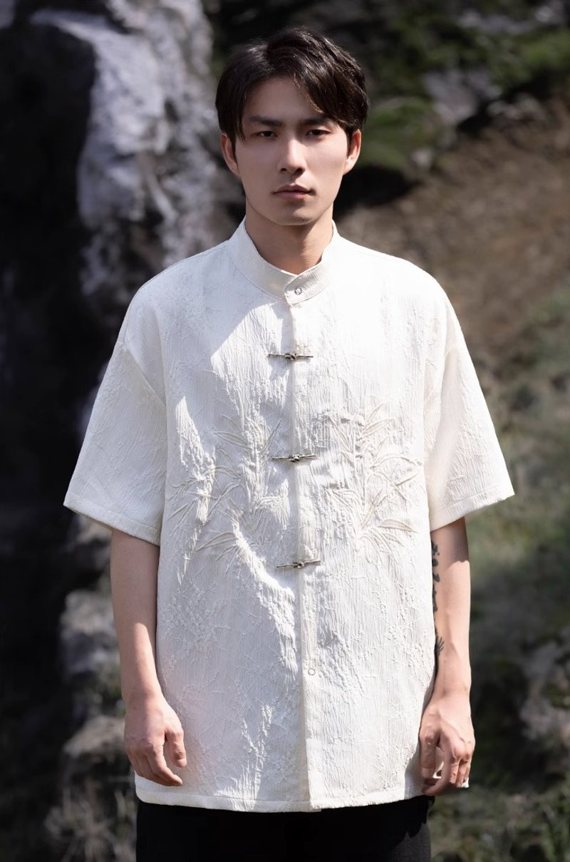 新中式復古 盤扣立領短袖襯衫 - 男襯衫/休閒襯衫 - 其他材質 白色