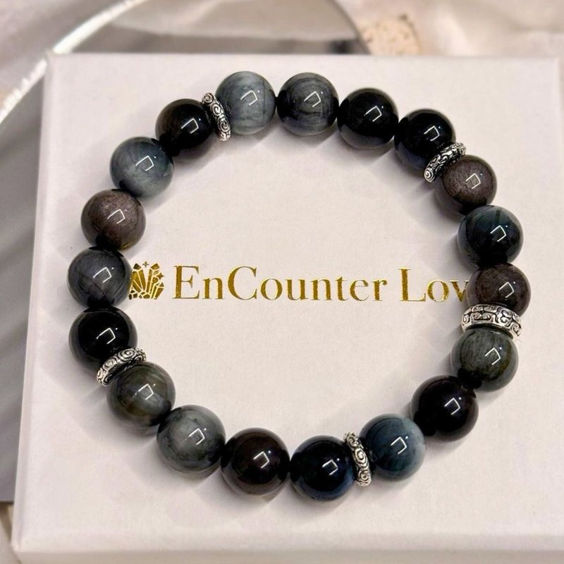 [Heaven’s Overlord] Men’s Eagle Eye Stone Silver Stone Blue Tiger Eye Overcome Difficulties and Focus on Thoughts - Bracelets - Crystal Gray