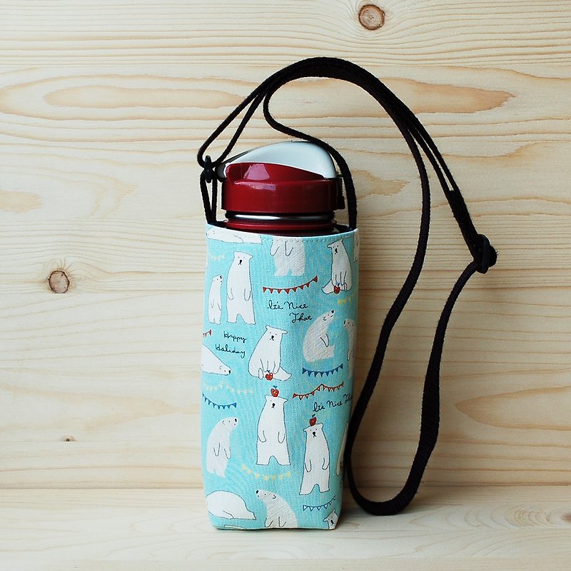Apple Polar Bear_Blue Slanted Back Adjustable Water Bottle Bag - ถุงใส่กระติกนำ้ - ผ้าฝ้าย/ผ้าลินิน สีน้ำเงิน