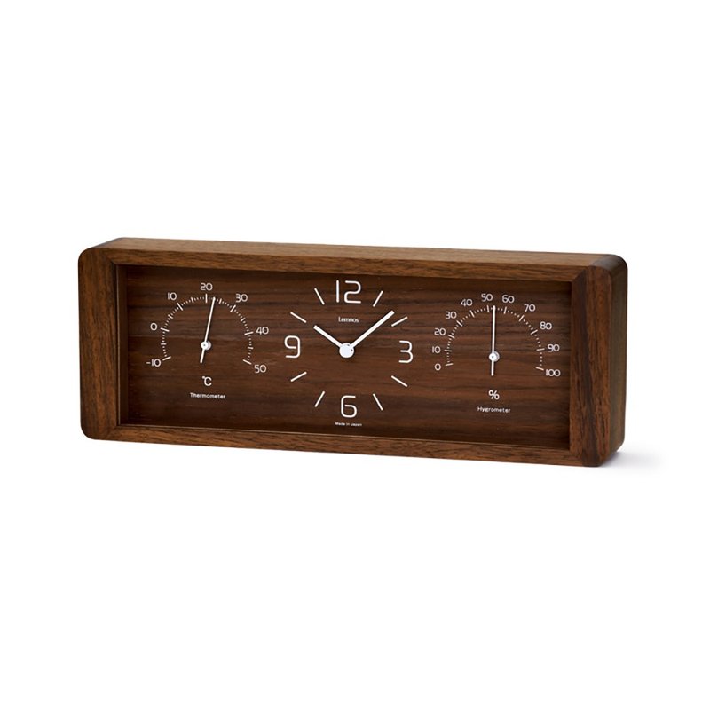 Lemnos Yokan Clock with Thermometer and Hydrometer - Brown - Clocks - Wood Brown