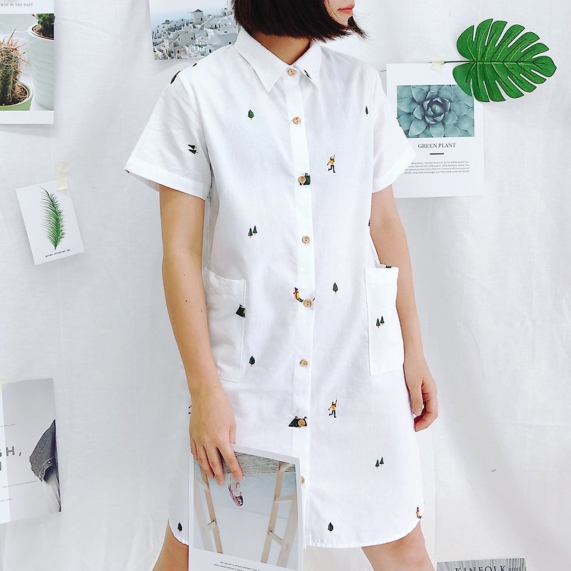 Shirt Dress (Camping) : White - 連身裙 - 繡線 白色