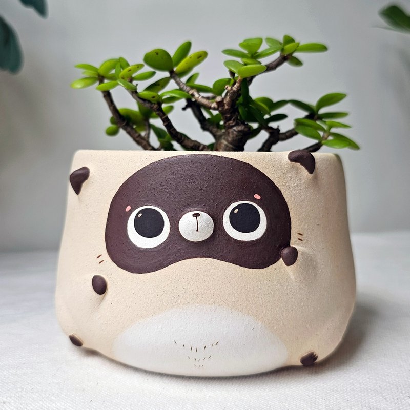 White tanuki plant pot. Handmade succulent planter. - 花瓶/花器 - 陶 