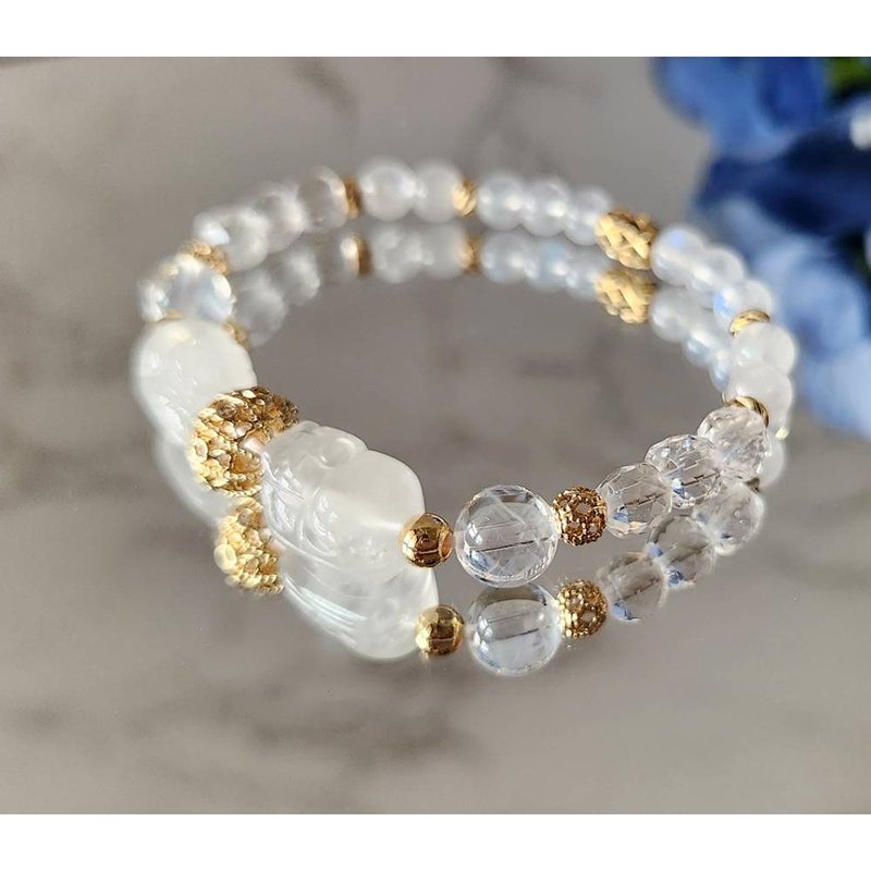 Life Number 9 | Moonstone Pixiu | Moonstone | Blue Stone| Faceted White Crystal | Natural Crystal Bracelet - สร้อยข้อมือ - คริสตัล สีใส