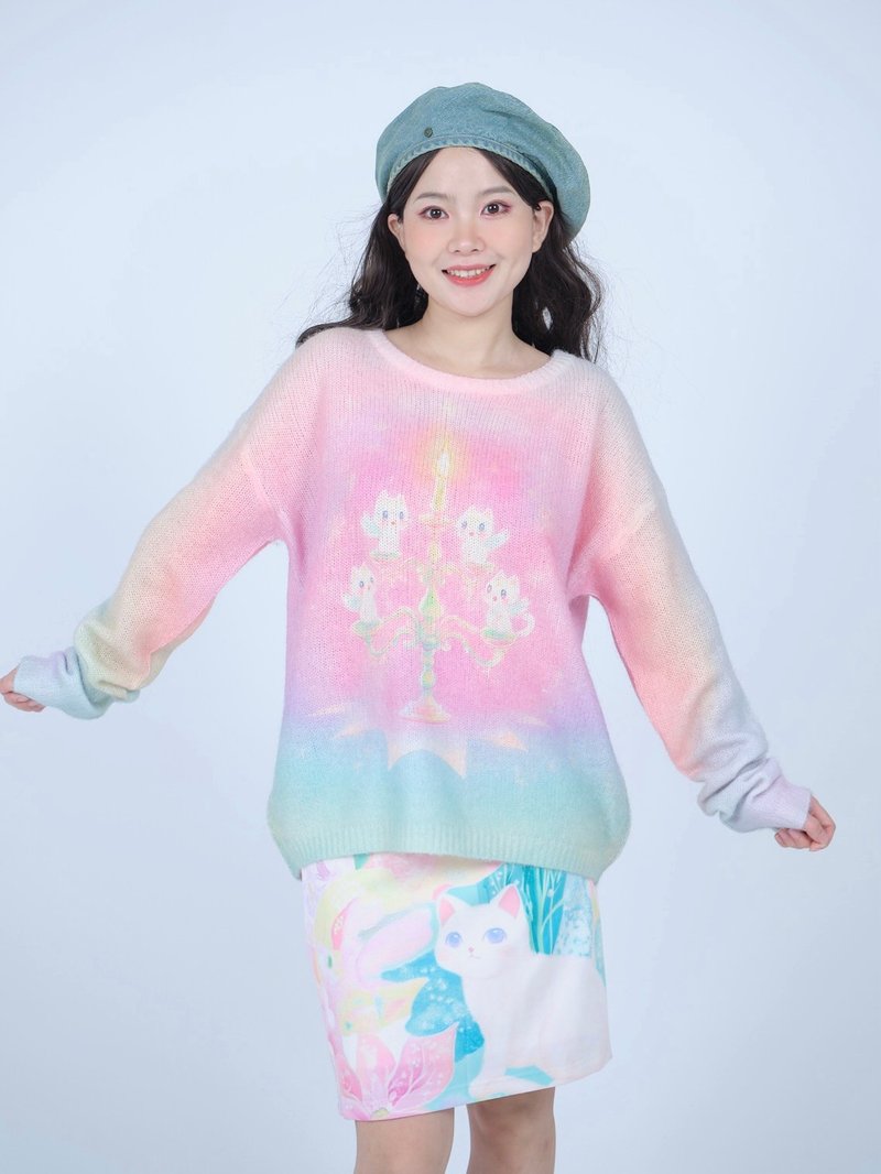 Meow Cat Chong Store Original Candlestick Cat Knitted Sweater - สเวตเตอร์ผู้หญิง - ไฟเบอร์อื่นๆ สึชมพู