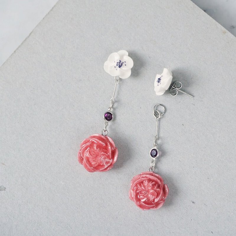 =Flower Piping= Two Way Drop Earrings/ Clip on  Customizable - Earrings & Clip-ons - Clay White