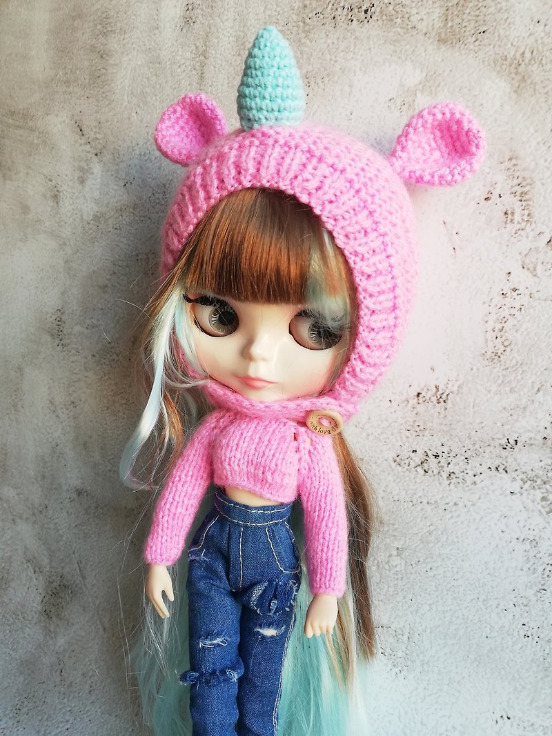 Set of clothes for Blythe doll helmet  pink Unicorn plus knitted top - ตุ๊กตา - ผ้าฝ้าย/ผ้าลินิน สึชมพู