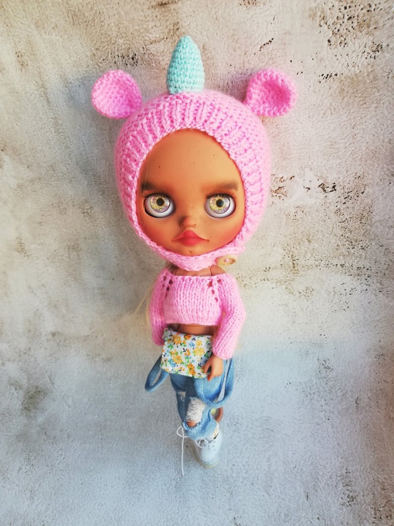 Set of clothes for Blythe doll helmet  pink Unicorn plus knitted top - 玩偶/公仔 - 棉．麻 粉紅色