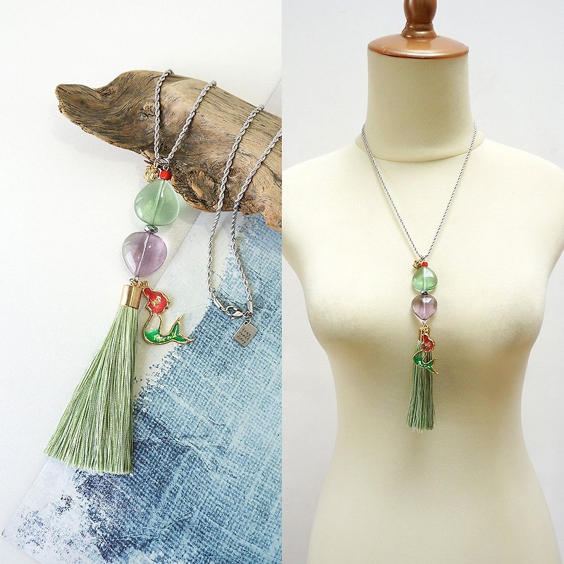 Mermaid Necklace with Fluorite Gemstones and Long Tassel - สร้อยคอ - เครื่องประดับพลอย สีเขียว
