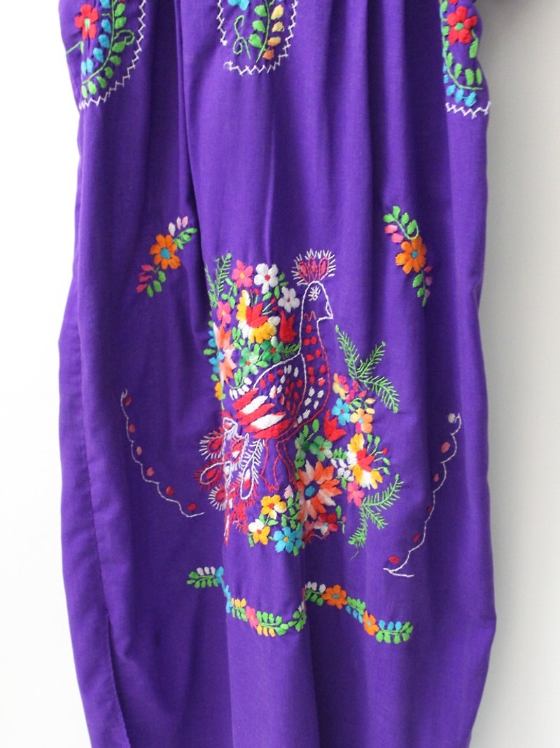 【RE0602MD047】 early summer peacock flower hand embroidery purple American Mexican embroidery ancient dress - One Piece Dresses - Cotton & Hemp Purple