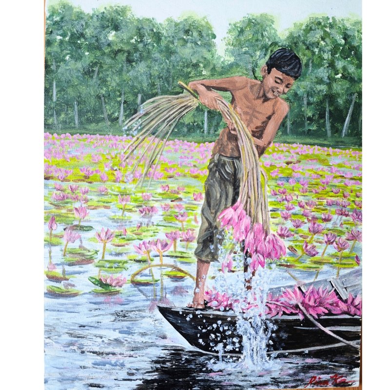 河邊的男孩與蓮花原創手工藝術由 RinaArtSK 創作 - 壁貼/牆壁裝飾 - 其他材質 多色