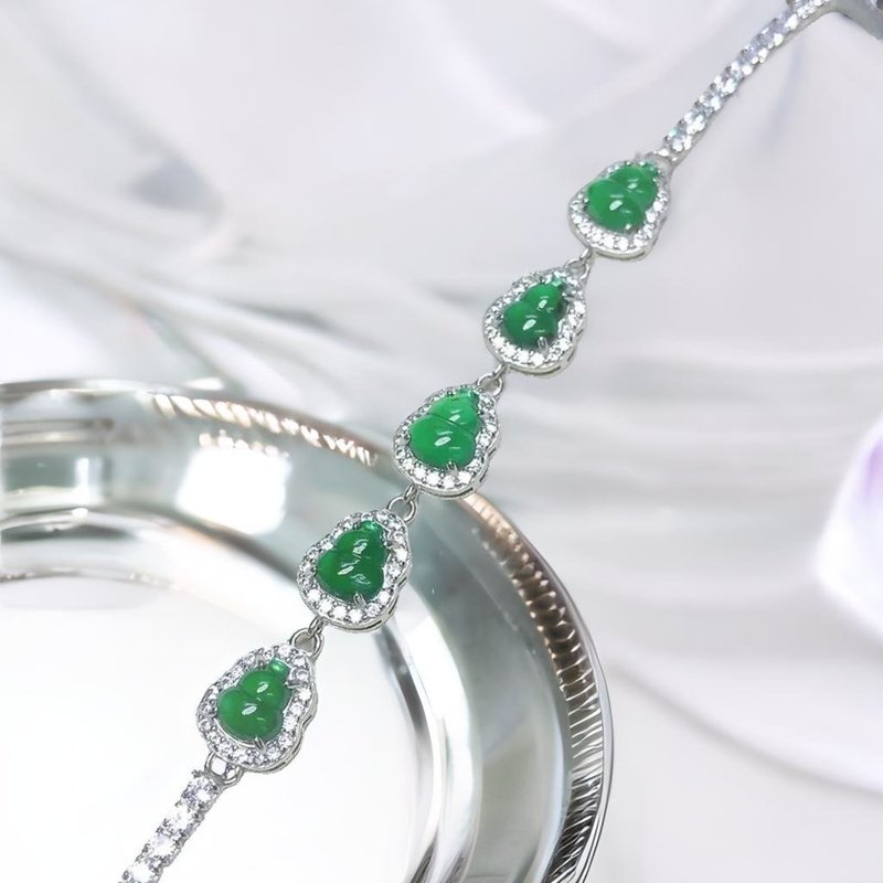 【福祿】冰綠翡翠葫蘆設計款手鍊925銀 | 天然A貨翡翠 | 送禮 - 手鍊/手環 - 玉石 綠色