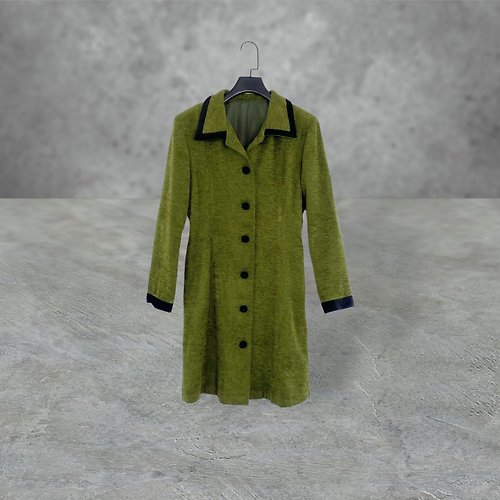 蘿綺莉蕾芭索 二手 綠色 細毛絨面 微硬挺 拼接 排釦 外套 大衣 OPME18