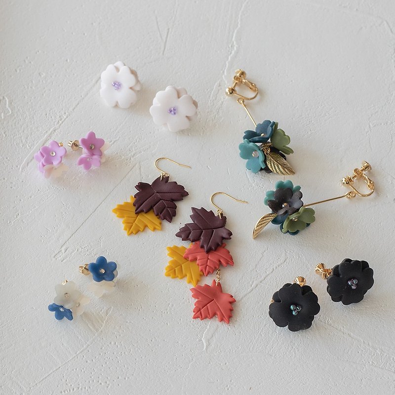 【週年慶 - Goody Bag】 -　木の葉とお花の3点セット - 耳環/耳夾 - 塑膠 多色