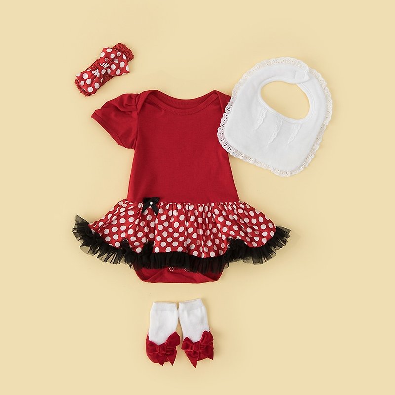 女嬰雪紡蓬蓬裙連身衣禮盒–俏皮M小姐(衣+圍兜+寶寶襪) - 滿月禮物 - 棉．麻 紅色