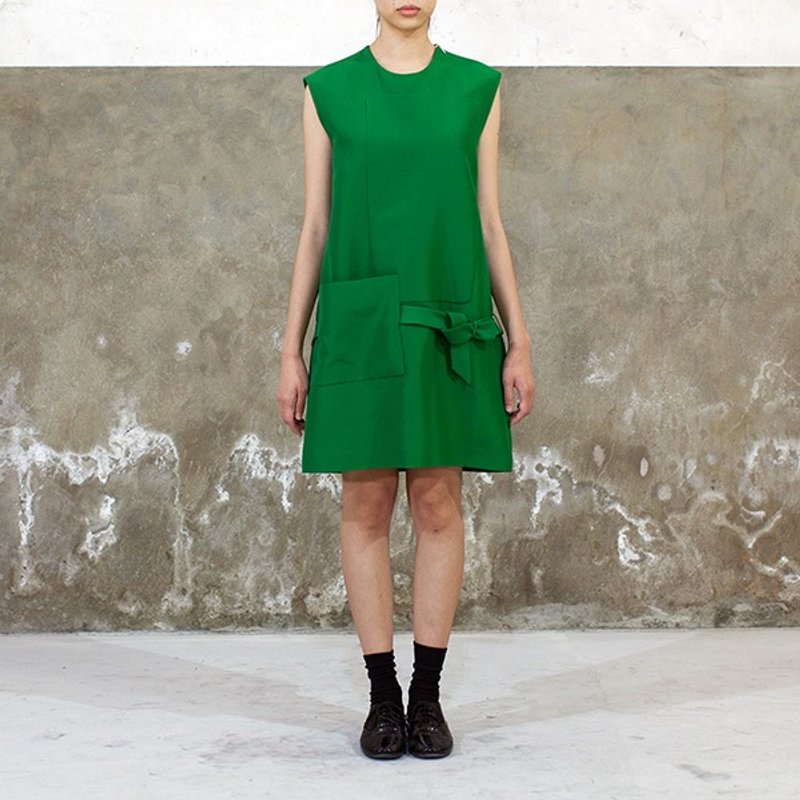 Green Sleeveless Short Dress - ชุดเดรส - ผ้าฝ้าย/ผ้าลินิน สีเขียว