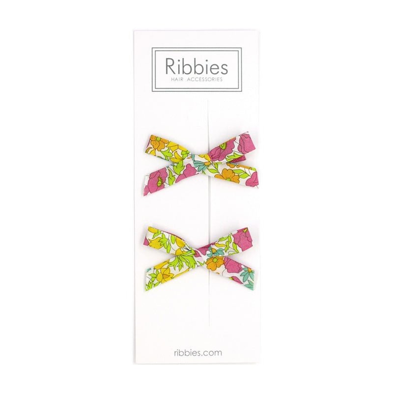 British Ribbies calico bow 2 set - pink and green poppies - เครื่องประดับผม - เส้นใยสังเคราะห์ 